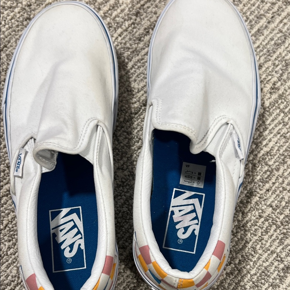 Vans White Slip-On Sneakers with Multicolor Checker Heel - Picture 3 of 6